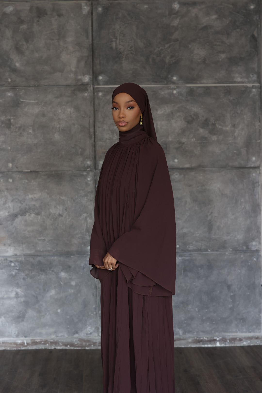Dark Brown) High Neck Pleated Dress A.SumayahShop LLC Dark Brown) High Neck Pleated Dress A.SumayahShop LLC