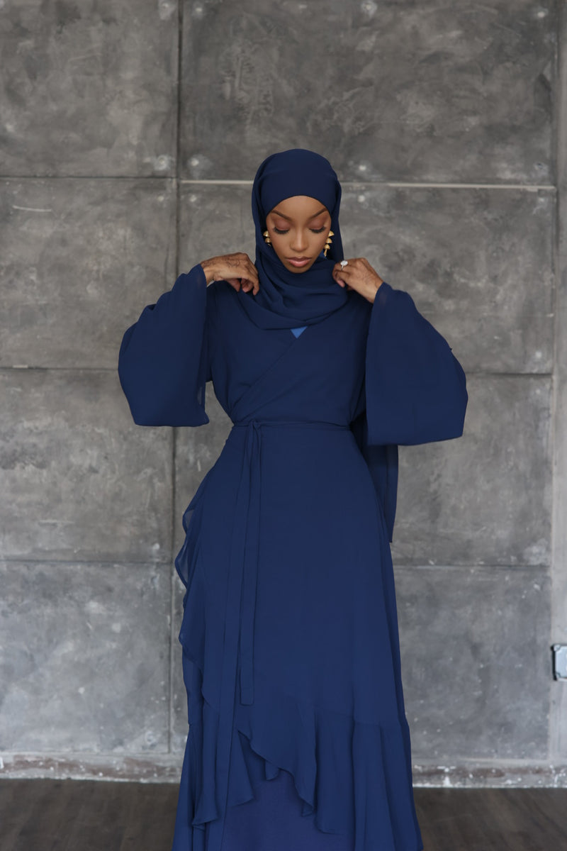 Navy Hydrolily Long Sleeve Clip Dot Chiffon Dress With Smocked Waist and Cuffs