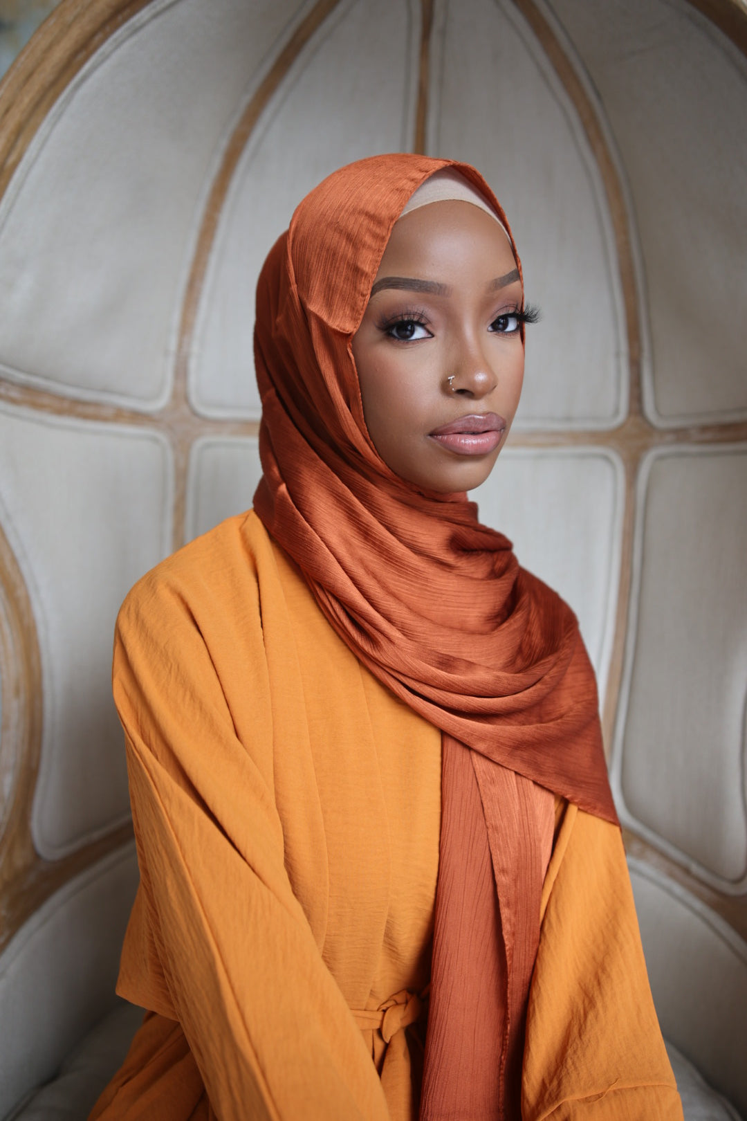 orange dress hijab Alanna Cuff Satin Dress