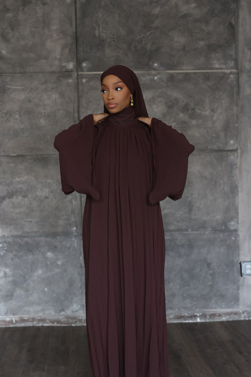(Dark Brown) High Neck Pleated Dress