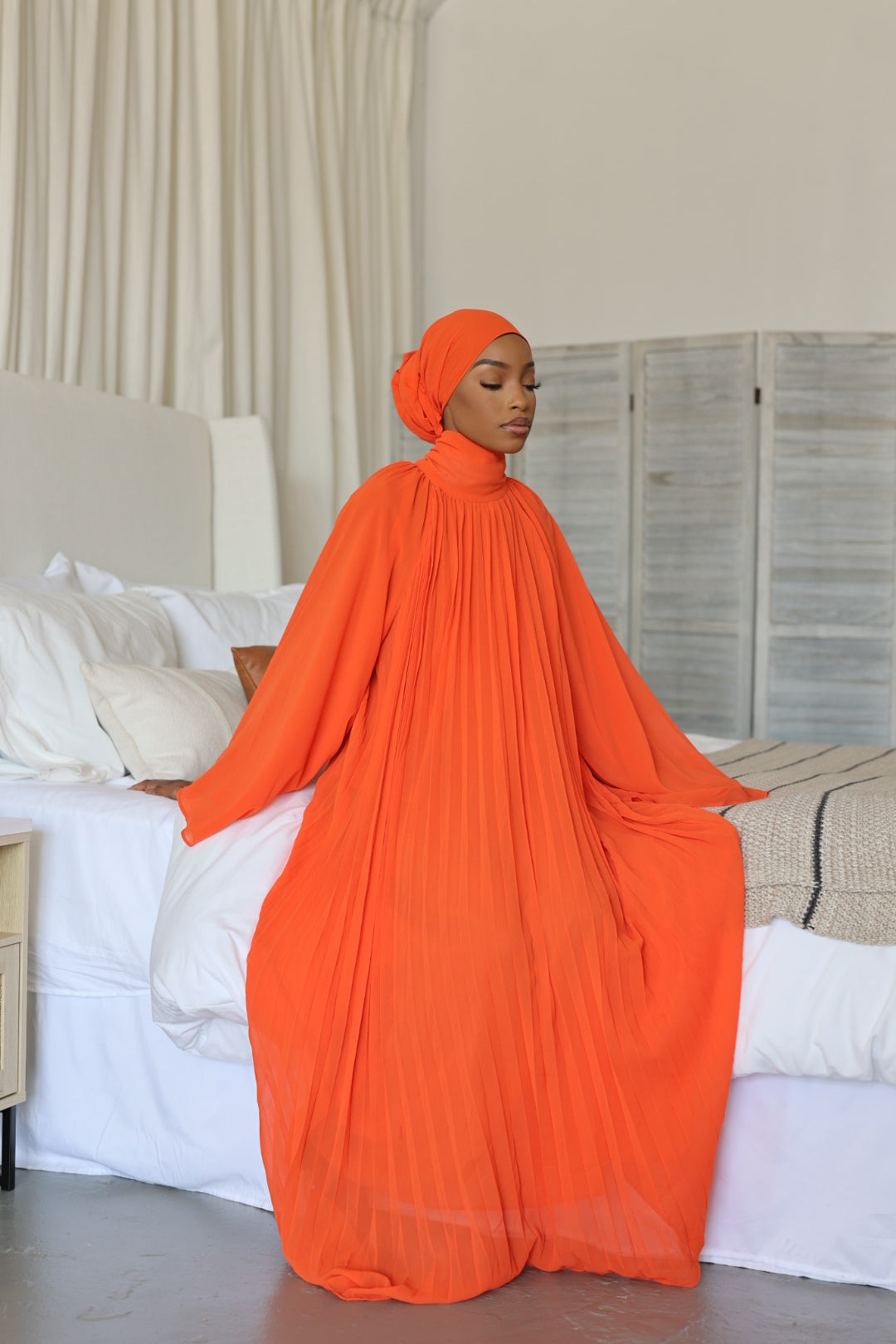 Imperfection (Orange) High Neck Pleated Dress