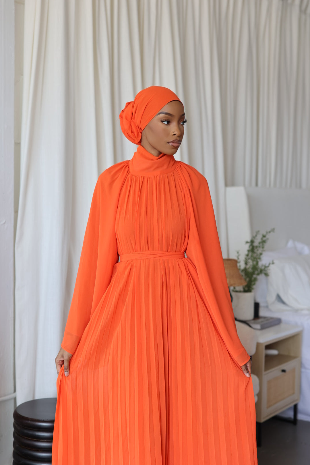 (Orange) High Neck Pleated Dress