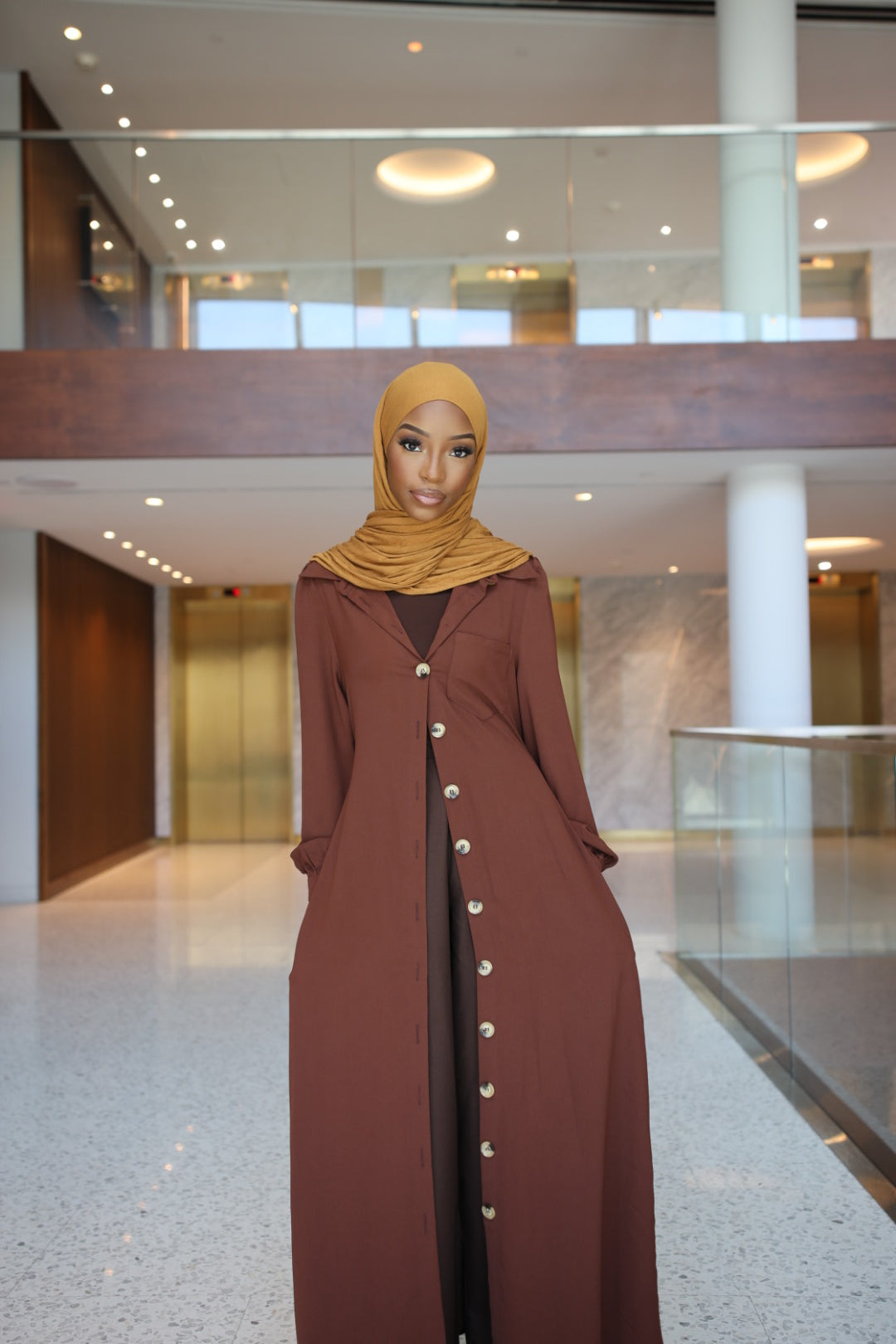 Casual Button Shirt Dress (Brown)