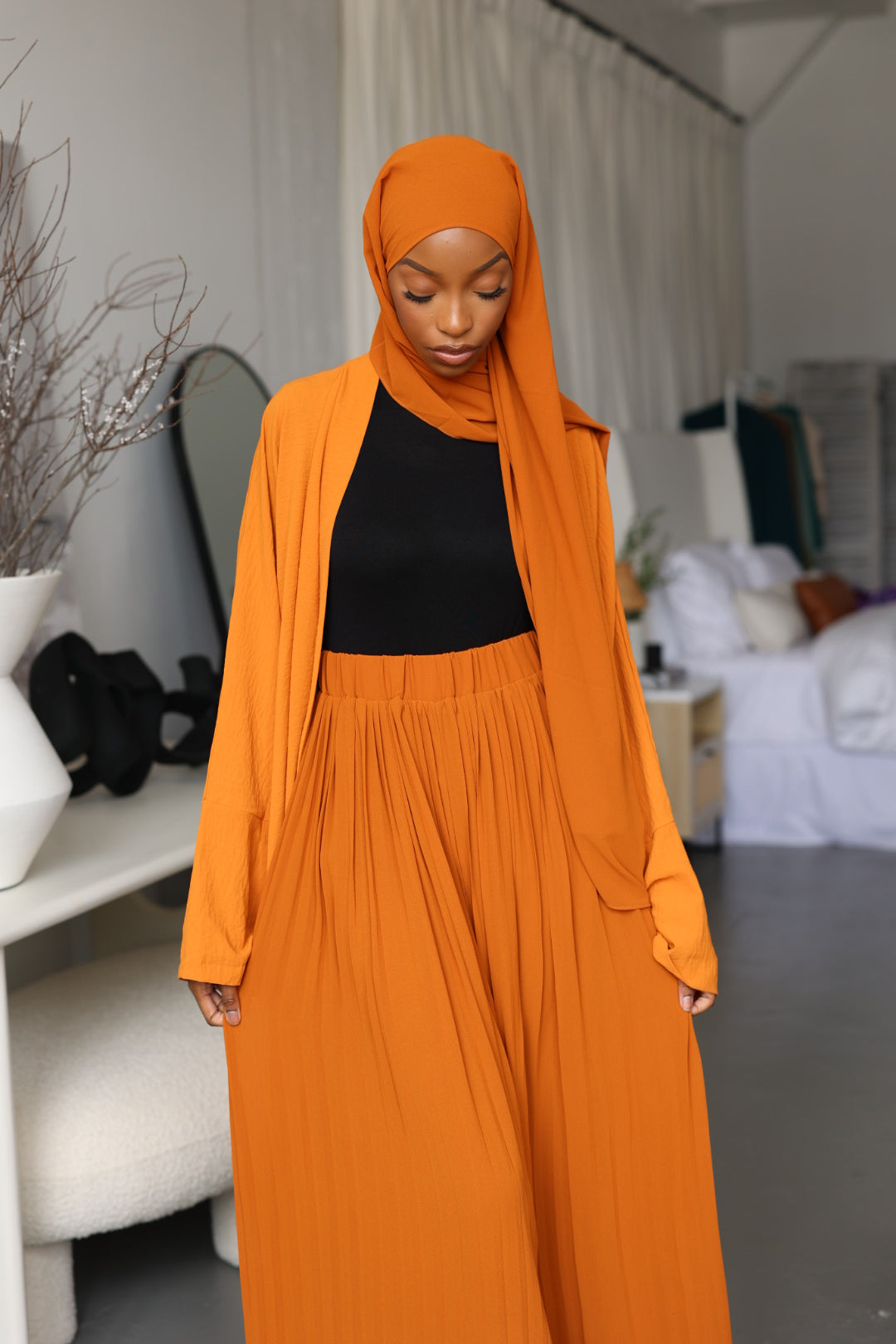 (Orange) Pleated Wide Leg Pants