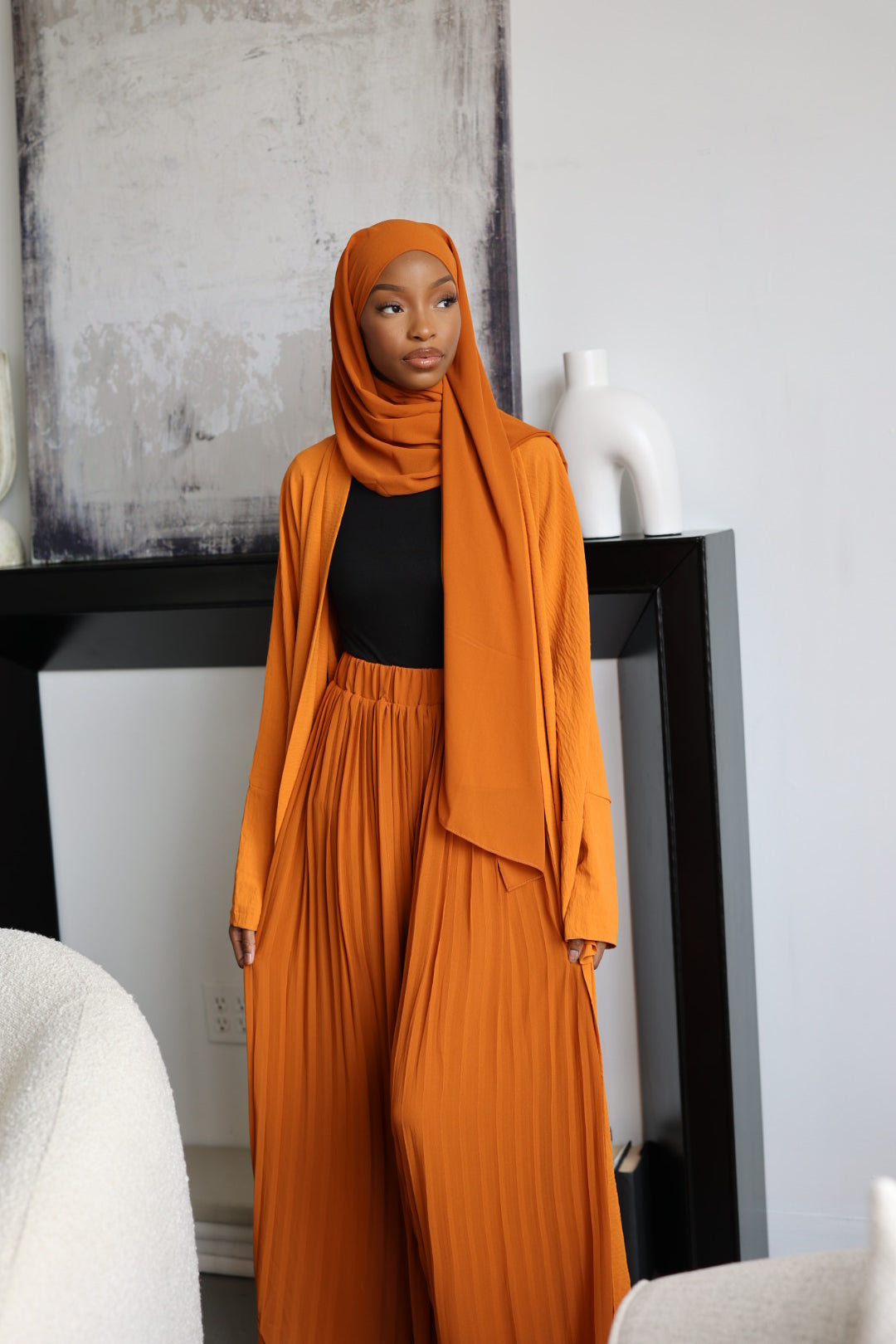 (Orange) Pleated Wide Leg Pants